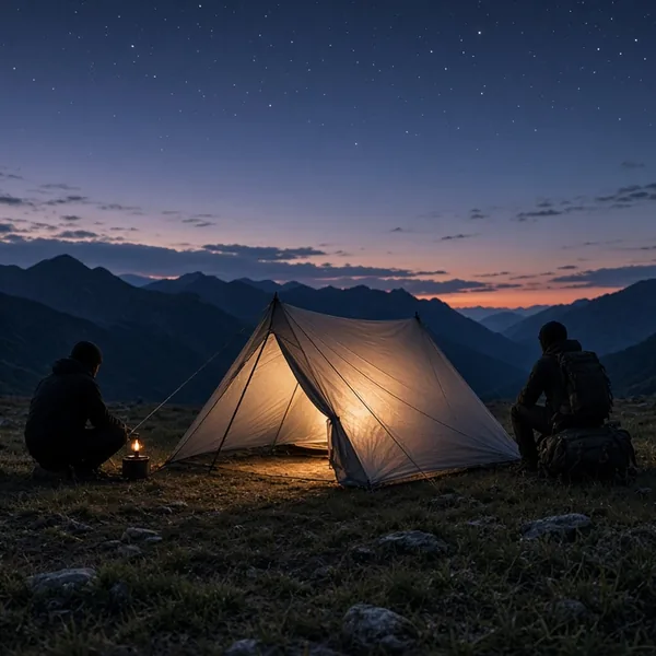 Illustration of an ultralight tent at a backcountry campsite at dusk