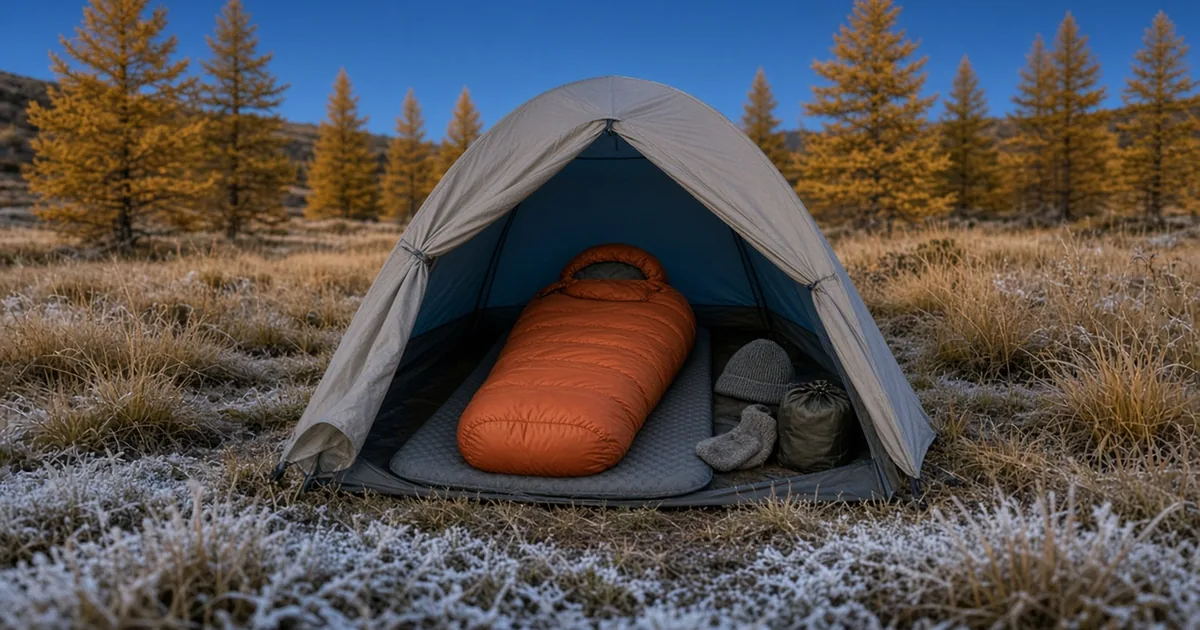 Illustration of a backpacking sleeping bag on an insulated pad in a tent at a frosty camp
