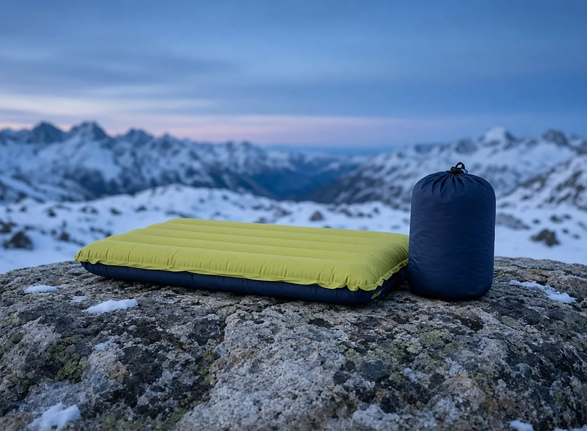 Illustration of the NEMO Eclipse All-Season sleeping pad beside its stuff sack on a snowy mountain rock (not a product photo)