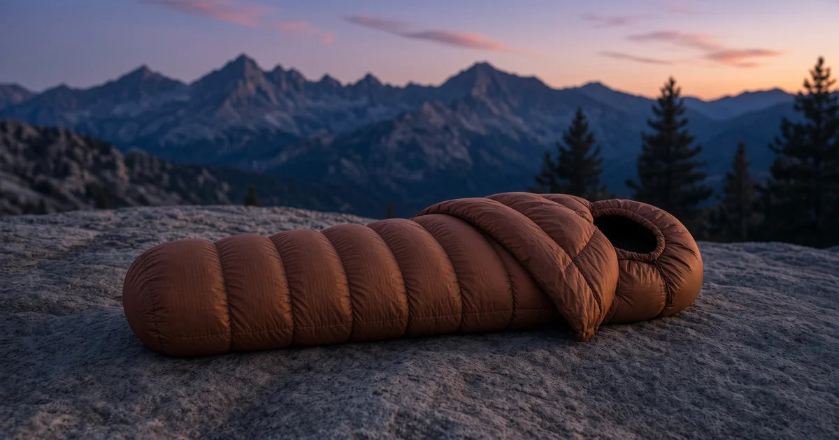 Illustration of the Sierra Designs Cloud 20°F sleeping bag lofted on a granite slab at dusk (not a product photo)