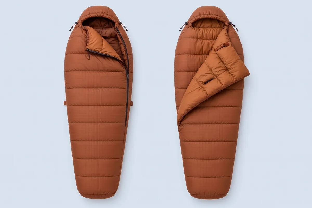 Illustration of the Sierra Designs Cloud 20°F sleeping bag in zippered and zipperless versions side by side (not a product photo)