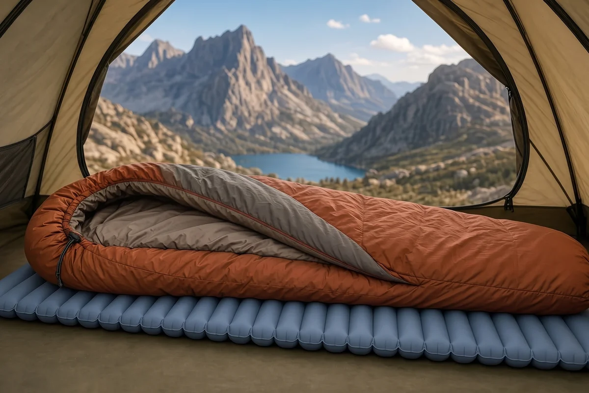 Illustration of the Sierra Designs Cloud Zipperless sleeping bag on a sleeping pad inside a tent, comforter flap folded open (not a product photo)