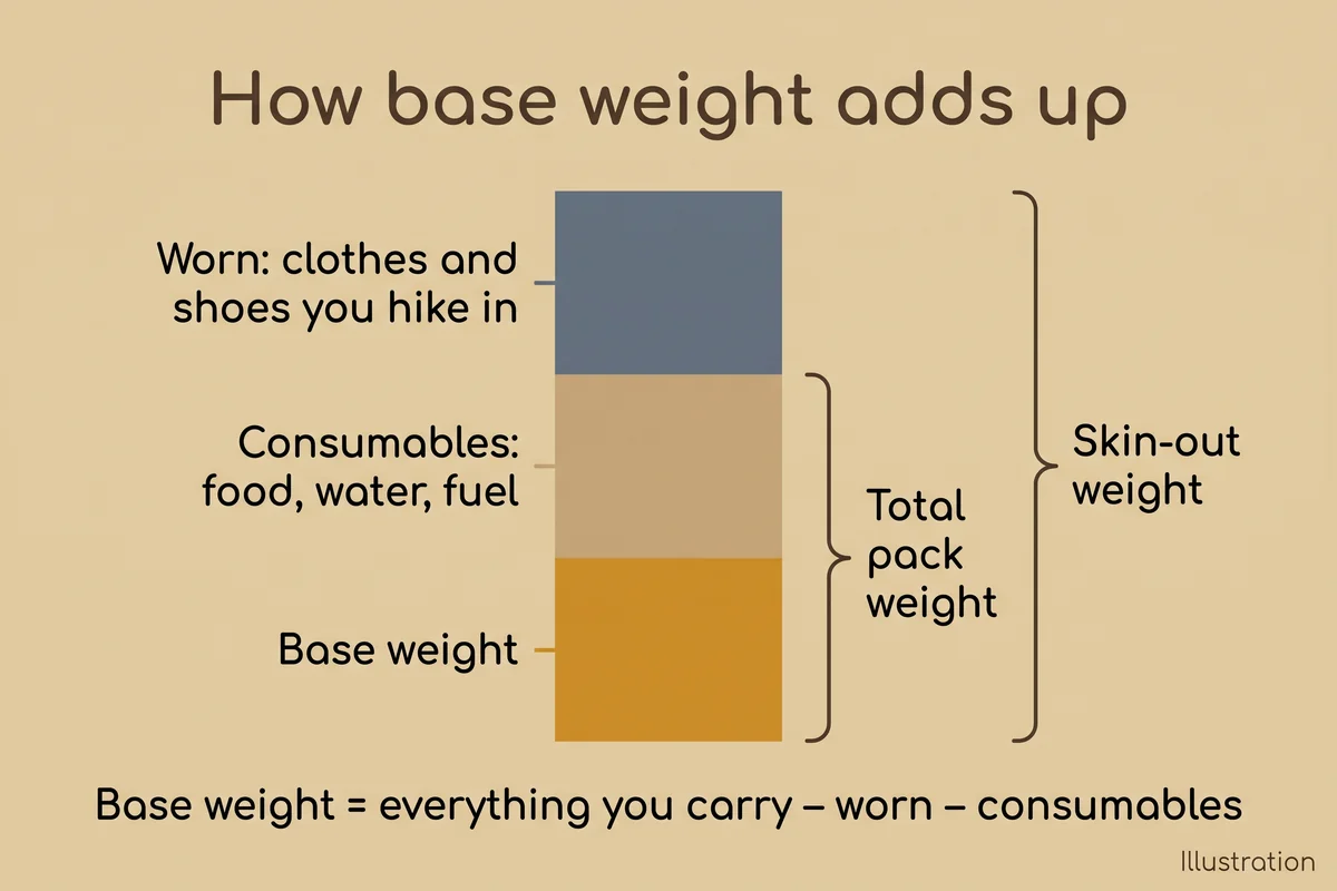 Diagram showing base weight plus consumables as total pack weight, and worn items added on top as skin-out weight.