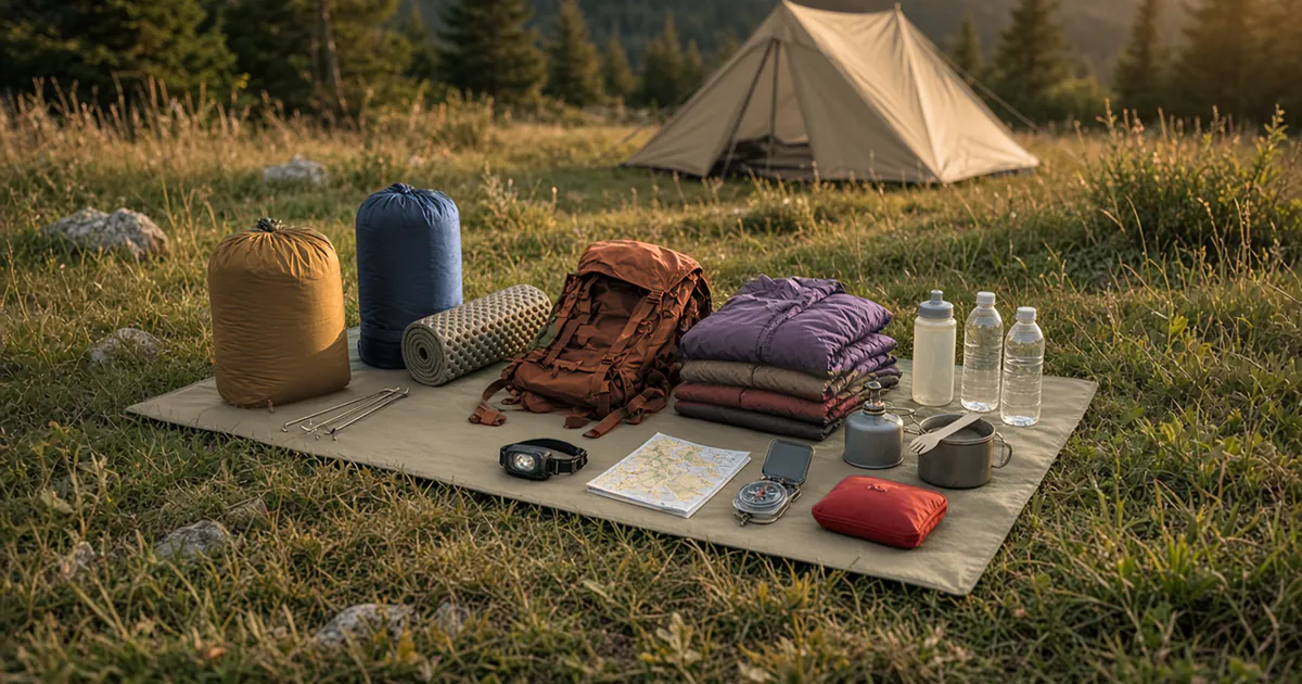 Illustration of essential backpacking gear laid out on a groundsheet beside a small tent