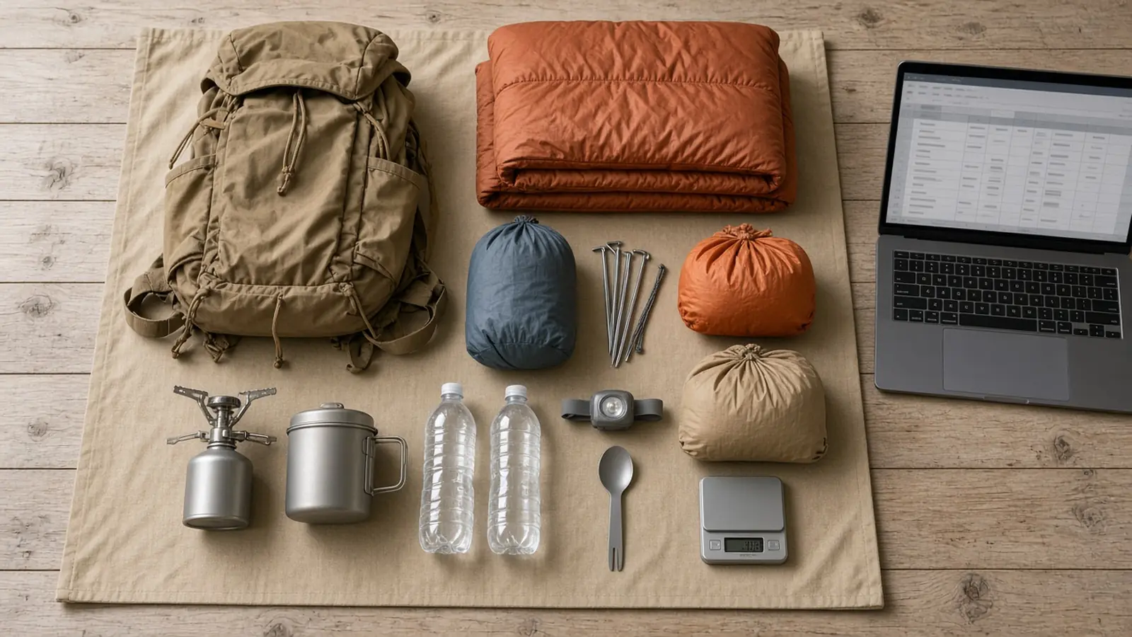 Backpacking gear laid out on a canvas mat beside a laptop showing a gear spreadsheet and a small digital scale.