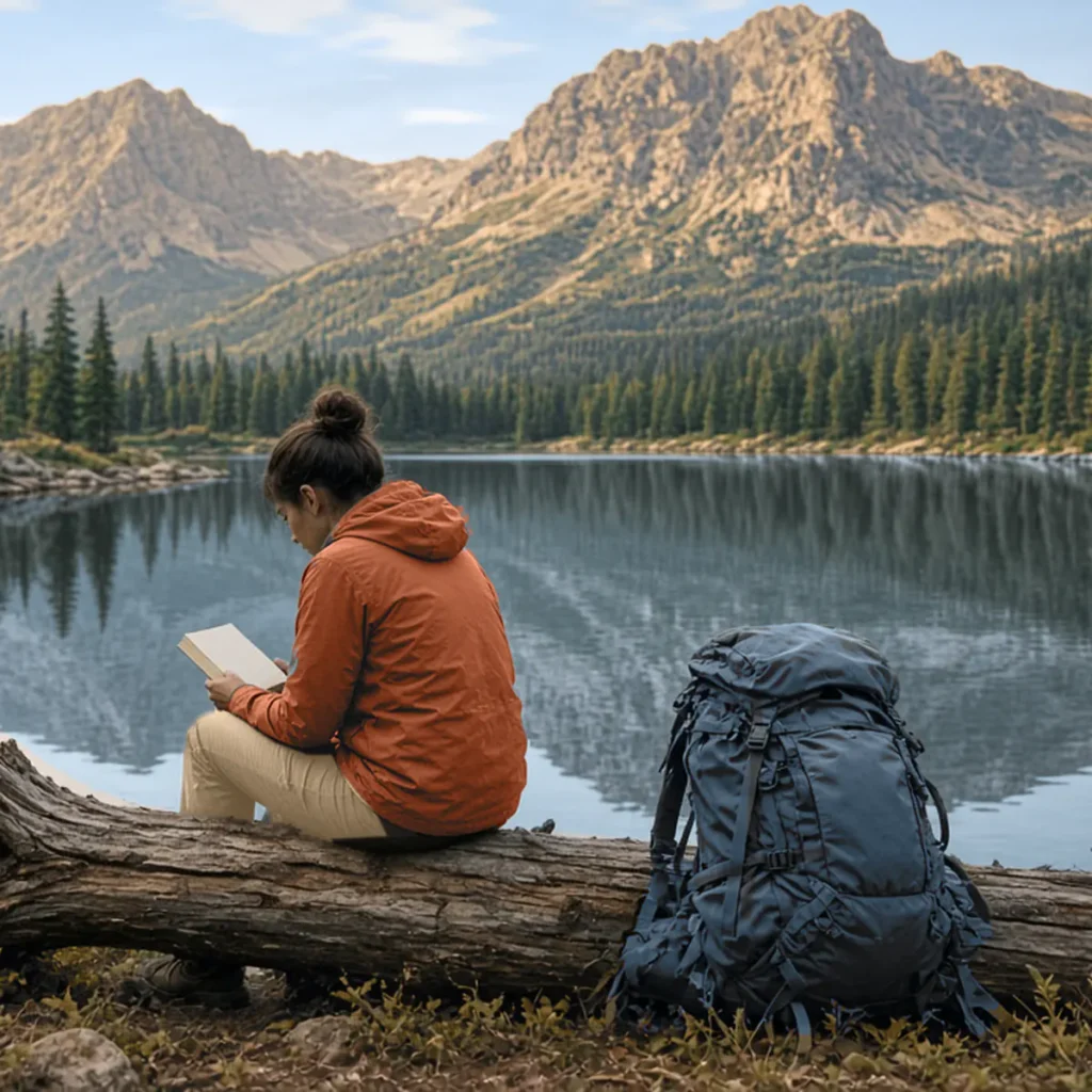 Illustration of a backpacker resting by a mountain lake while planning the next day's hike