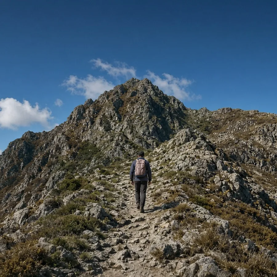 Illustration of a hiker with an ultralight backpack on a summit trail under a blue sky