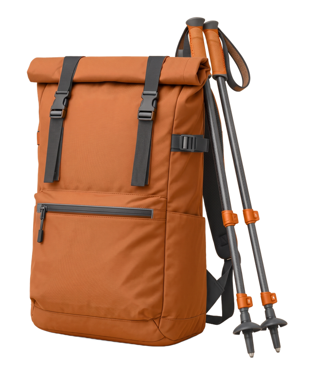 Illustration of a packed ultralight backpack with trekking poles.