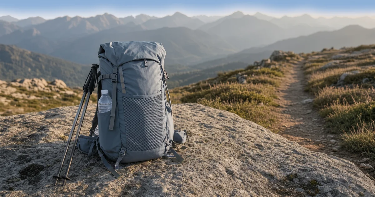 Illustration of an ultralight backpack on a mountain trail with a tape measure for torso fit