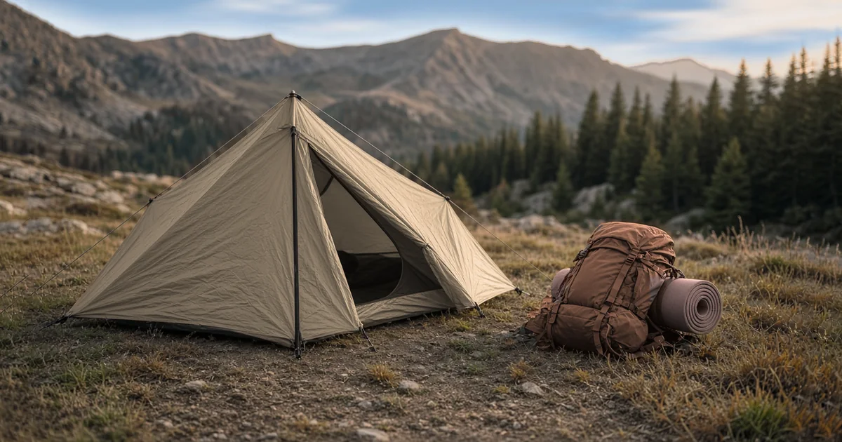 Illustration of an ultralight backpacking tent pitched on trail for choosing shelter by capacity and weight