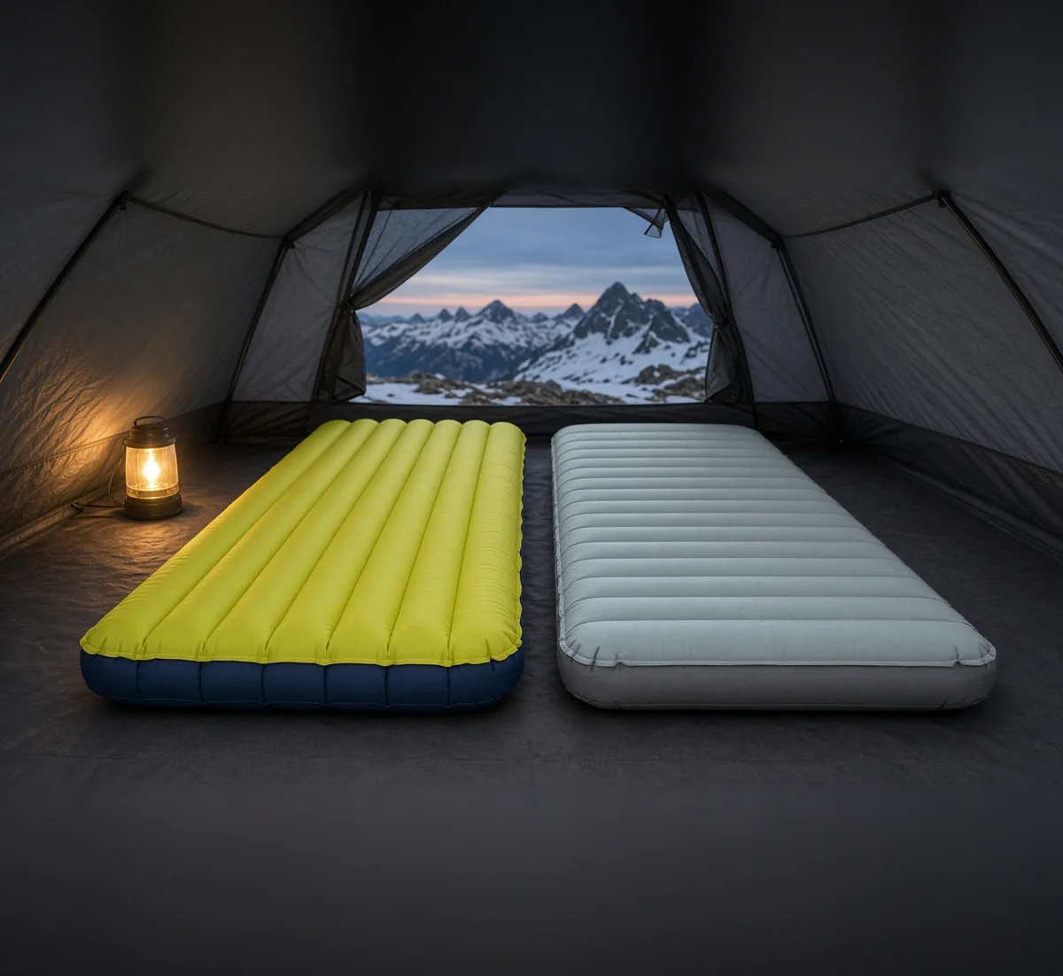 Illustration of two insulated sleeping pads side by side in a tent (not a product photo)