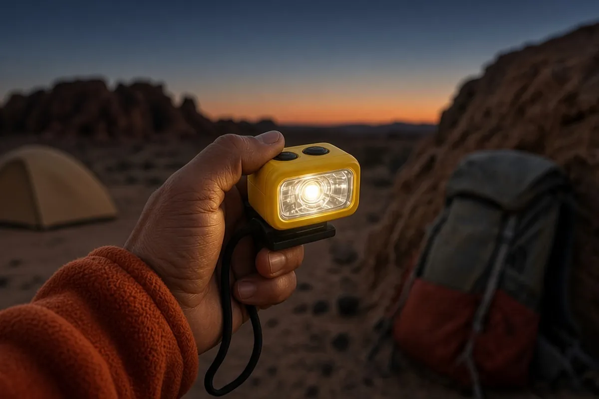 Close-up of a small yellow headlamp switched on in a hiker's hand at a desert camp.