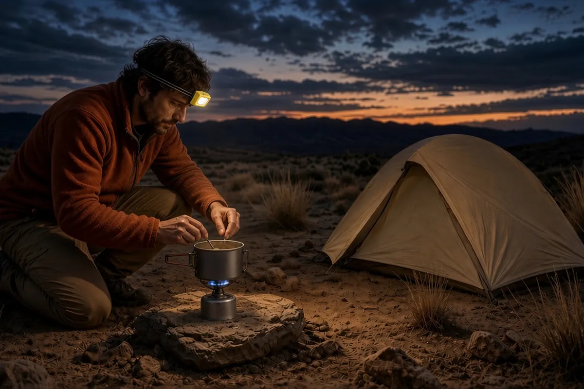 Backpacker wearing a small yellow headlamp while cooking at camp at dusk.