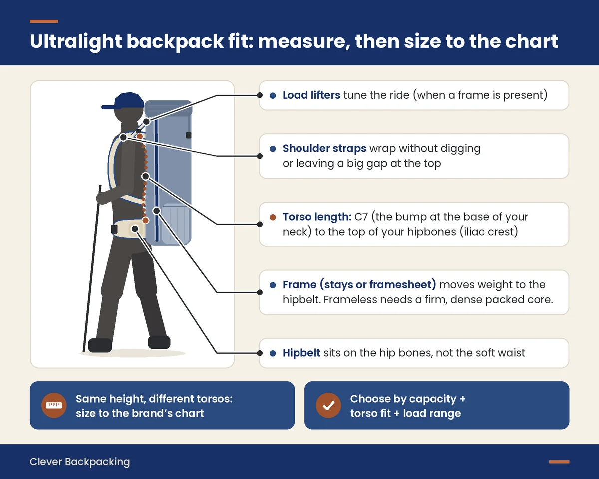Ultralight backpack fit diagram: torso length from C7 to hipbones, hipbelt on the hip bones, shoulder straps, load lifters