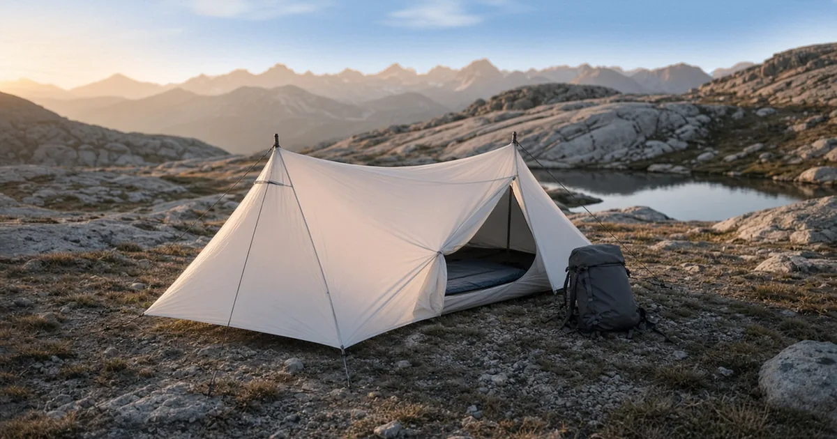 Illustration of an ultralight trekking-pole tent pitched above treeline at sunrise